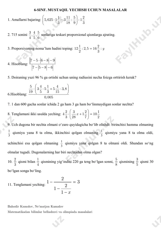 mustaqil yechish uchun 6-sinf — PDF