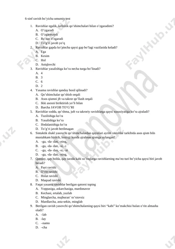 6. ravish bo'yicha test. kumush — DOCX