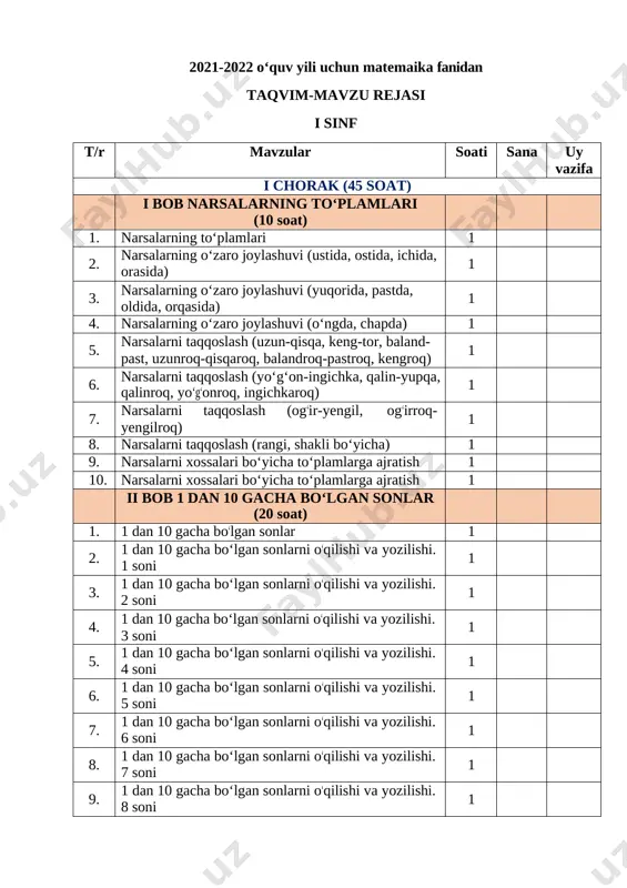 matematika taqvim reja 1-sinf-converted — DOCX