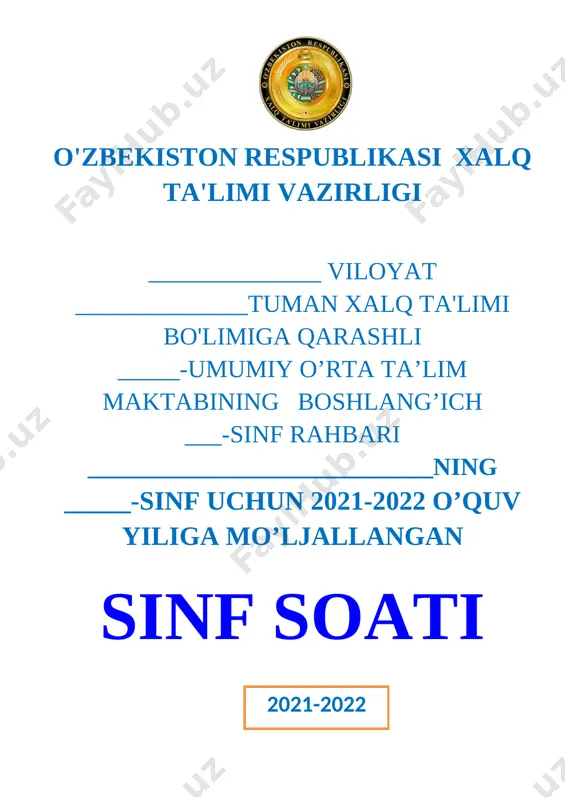 1-sinf soati 2021-2022 o'quv yili uchun xtb bulimi — DOCX
