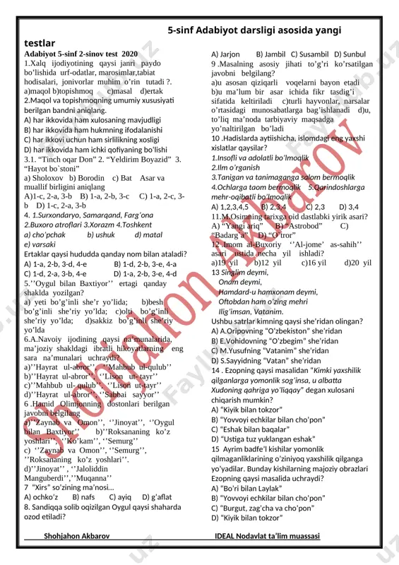 adabiyot 5 yangi sinov 2 — DOCX