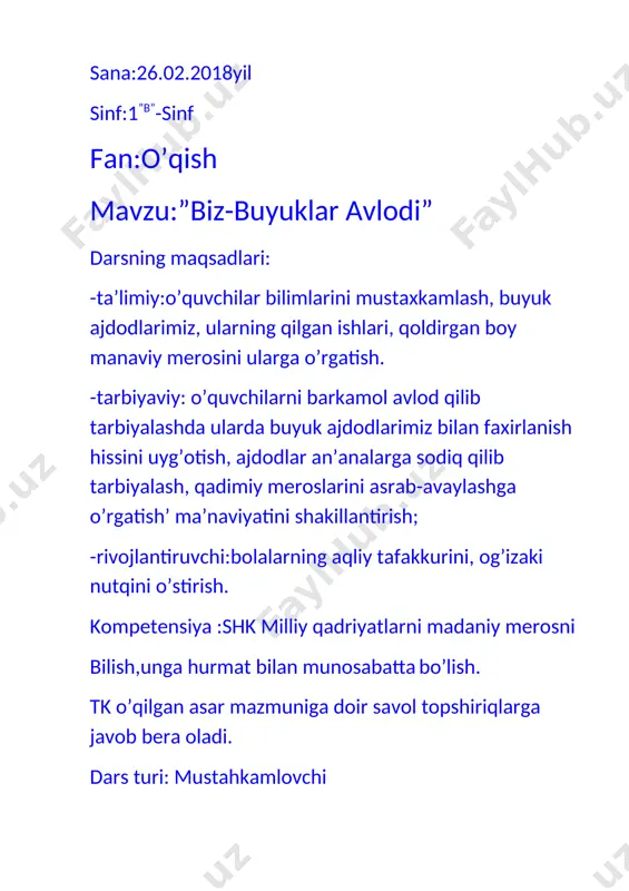 1-sinf o`qish mahorat darsi — DOCX