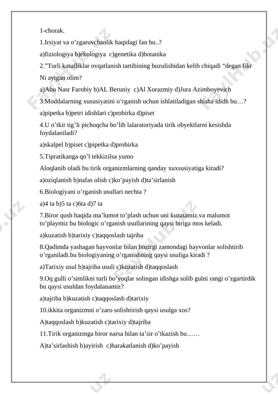 25 talik test 5-sinf biologiya 1-4-chorak — DOCX