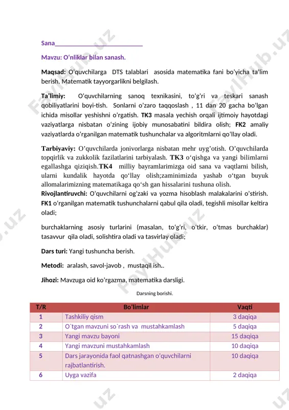 1-sinf matematika 3-chorak konspekt 2021 yangi — DOC