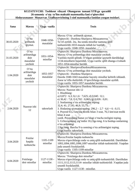 5-sinf matematka fanidan tezis — DOCX