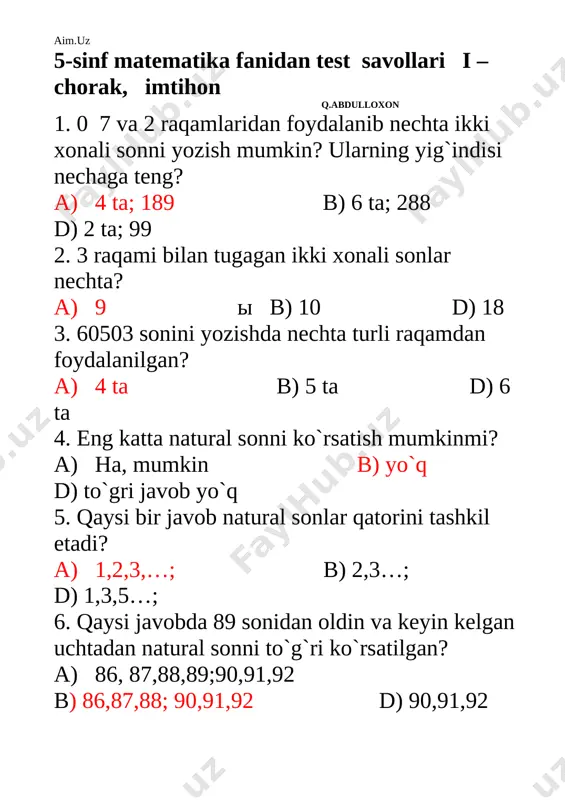 5-sinf test — DOCX