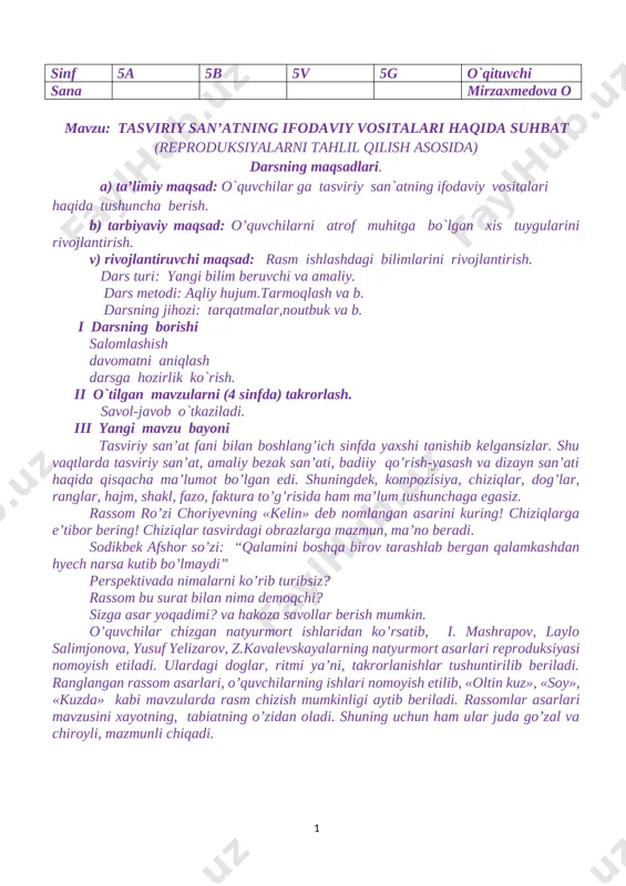 5-sinf tasviriy sanat 2019-2020 yillik konspekt to`liq — DOCX