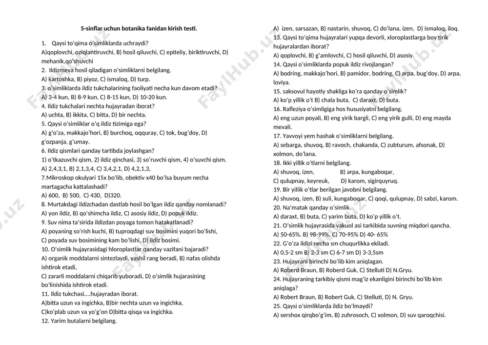 5-sinflar uchun kirish testi — DOCX