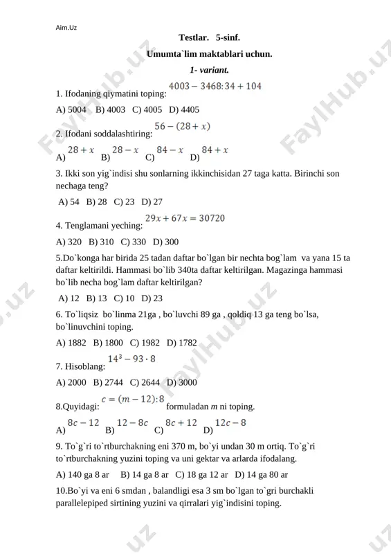 @yosh_ustozlar bb matematika 5-6-7-8 sinflar — DOCX