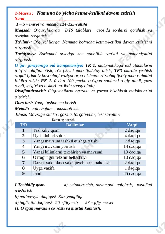 1. sinf matematka 4 chorak to'g'rilangani — DOC