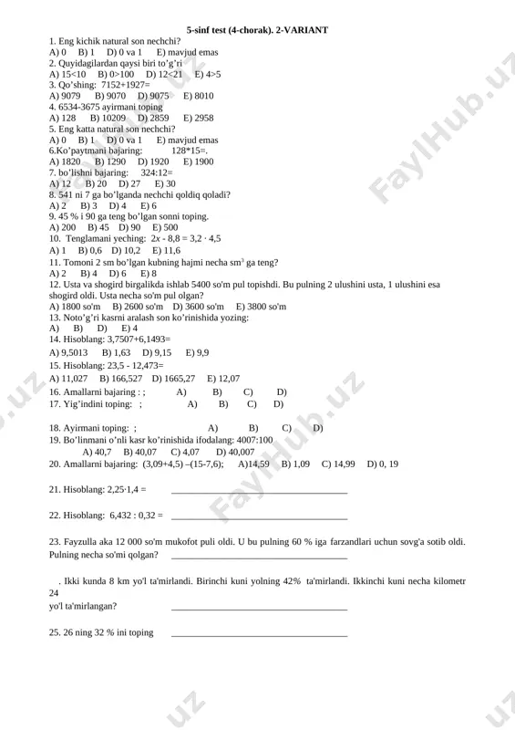 5-sinf 4-chorak 2 var — DOCX