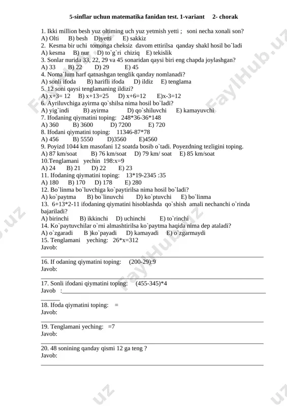 5-sinf 2-chorak_1 var — DOCX
