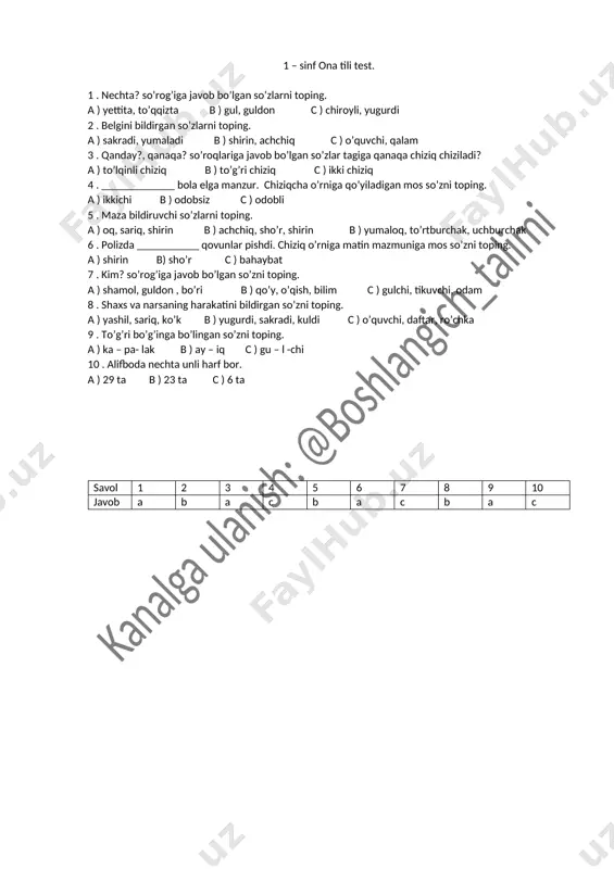 1 - sinf ona tili test. 2 n — DOCX