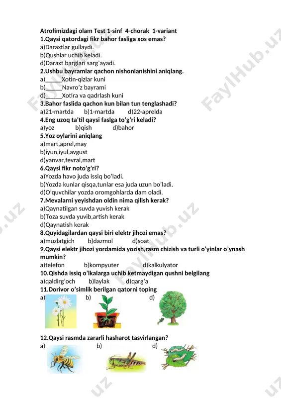 atrofimizdagi olam test 1-sinf 4-chorak 2019 — DOCX