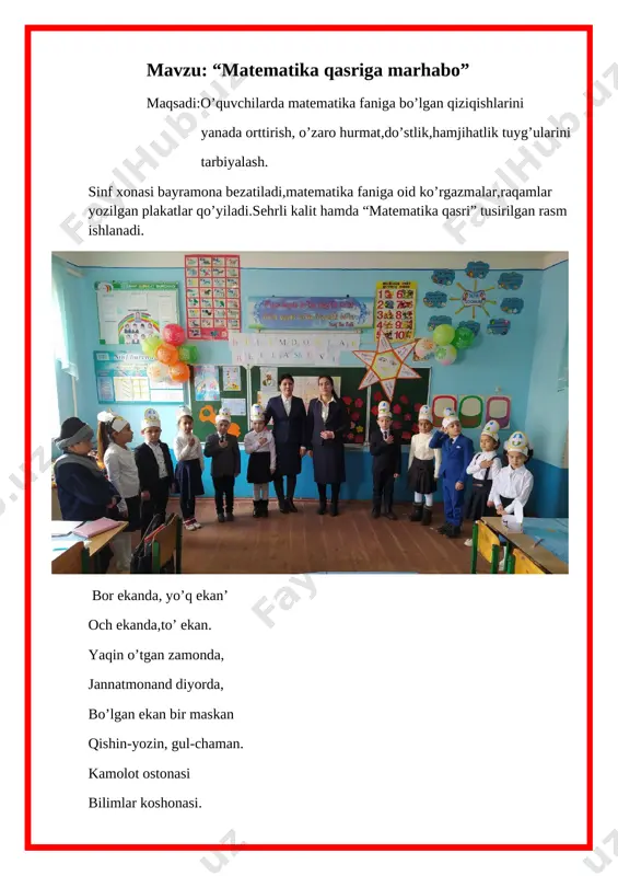 matematikadan 1-sinflar uchun tadbir senariysi — DOC