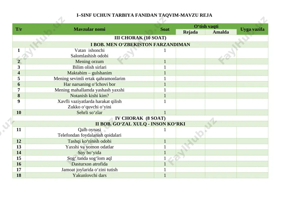 1-sinf tarbiya reja tig'ishlashtirilgan — DOCX