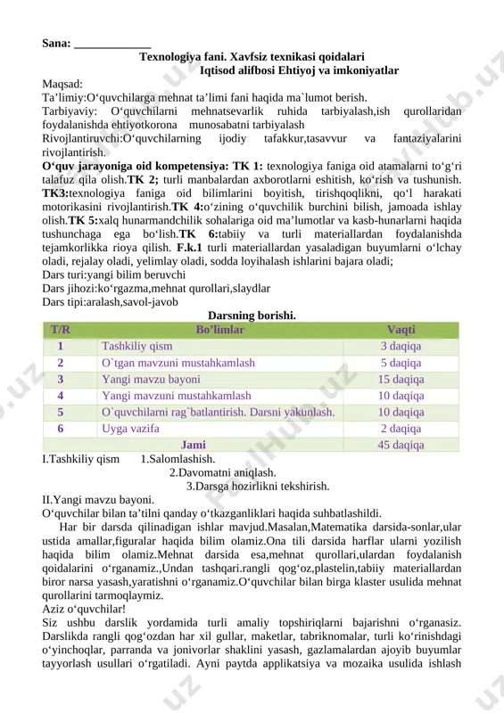 1-sinf texnalogiya konspekt 2020 yangi — DOCX