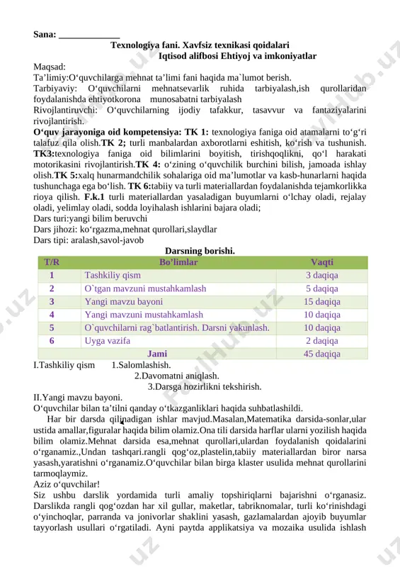 tenologiya_1_sinf_konspekt_2020_2021_o`quv_yili_uchun_yangi_to`liq — DOCX