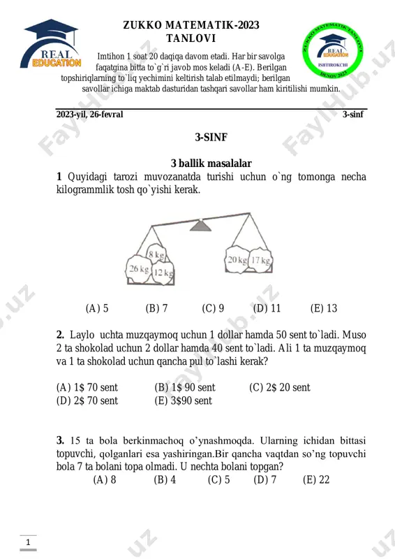zukko matematik 3-sinf 1-variant — PDF