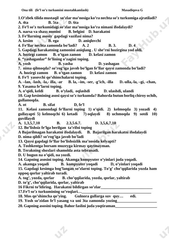 ona tili test (fe'l so'z turkumi) — DOCX