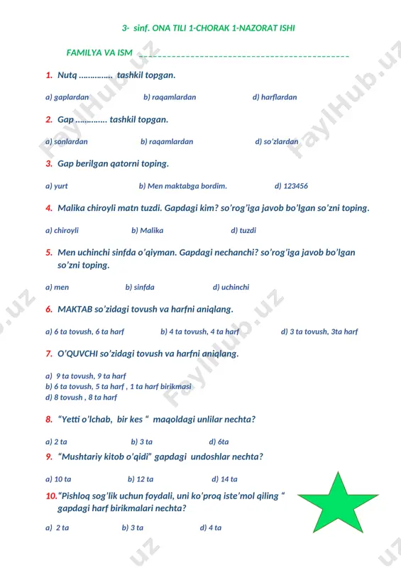 test ona tili 3 sinf 1 — DOCX