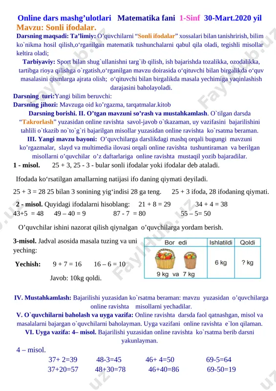 onlayn darslar konspekti boshlang'ich 1-sinf 2020-2021 — DOCX