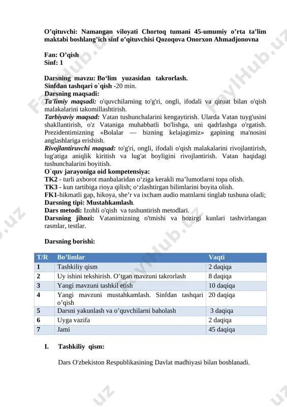 1_sinf_o'qish_bo'lim_yuzasidan_takrorlash_sinfdan_tashqari_o'qish — DOCX