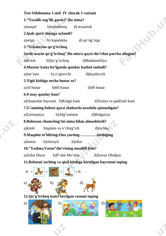 test odobnoma 1-sinf 4-chorak 2019 — DOCX