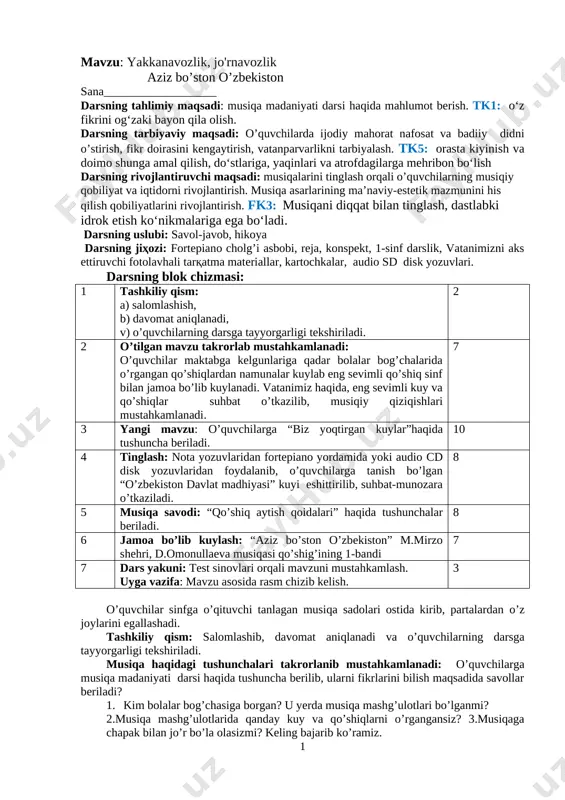 musiqa 1 - sinf, ch — DOC