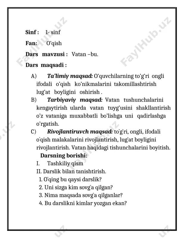 1-sinf dars ishlanma — DOCX