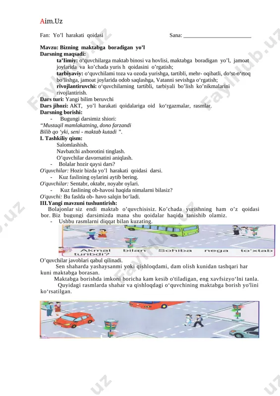 yo'l harakati dars ishlanmasi — DOCX