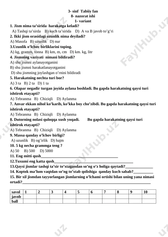 3- tabiiy fan 8 nazorat ishi 11-12 bob — DOCX