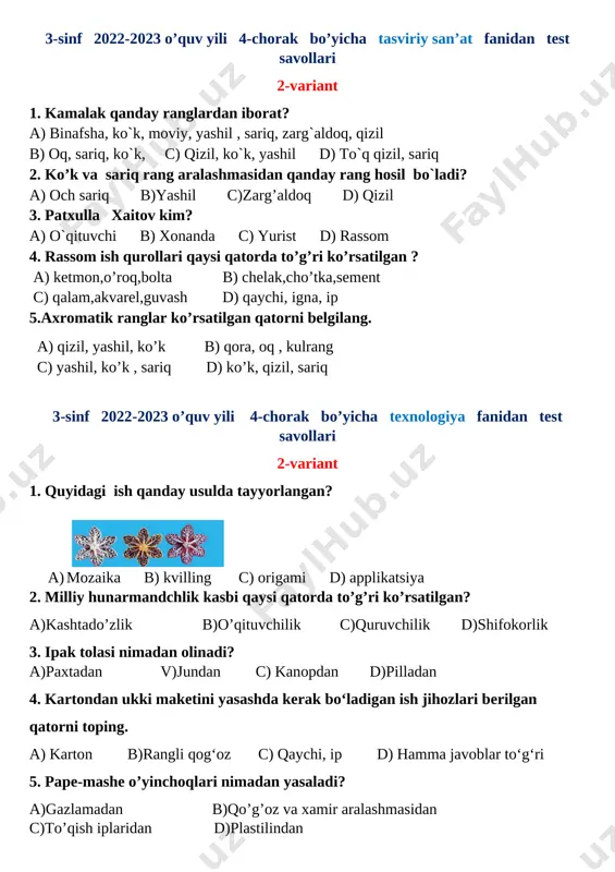 3-sinf monitoring 2-variant blok test ergasheva d — DOCX