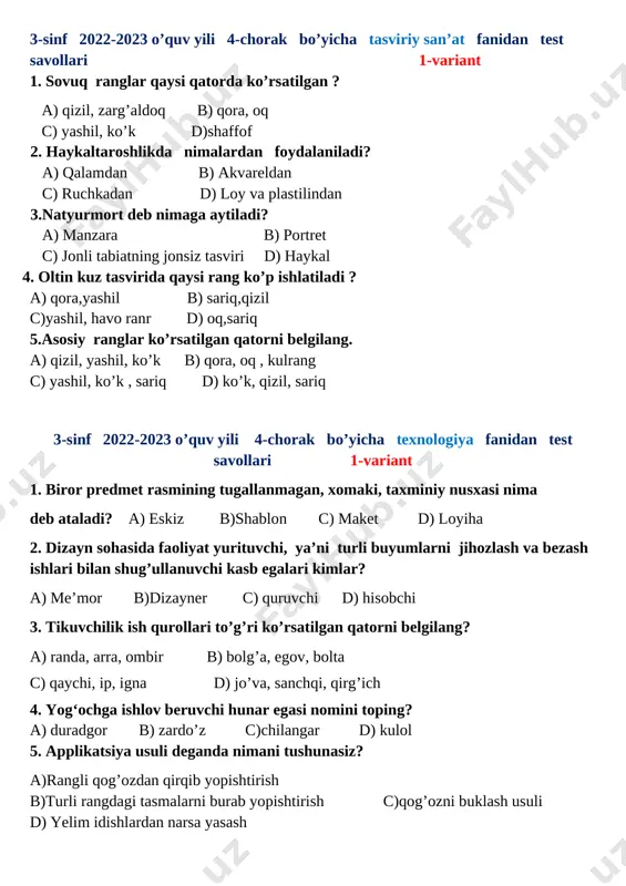 3-sinf. monitoring 1-variant blok test ergasheva d — DOCX