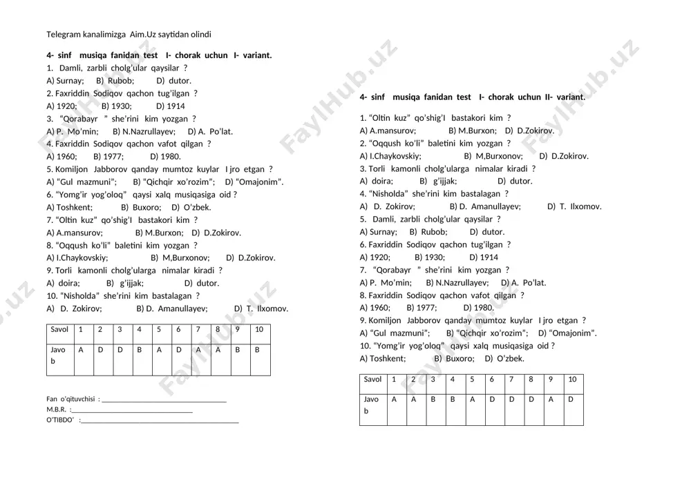 musiqa_fanidan_test_4_sinf_1_4_chorak — DOCX