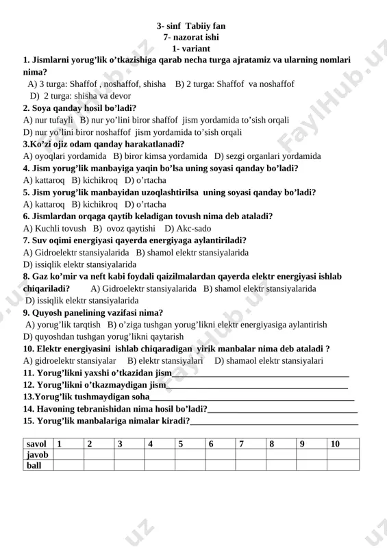 3- tabiiy fan 7 nazorat ishi 10 bob — DOCX