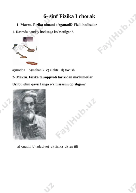 6-sinf fizika 1-2- chorak pisa test — DOC