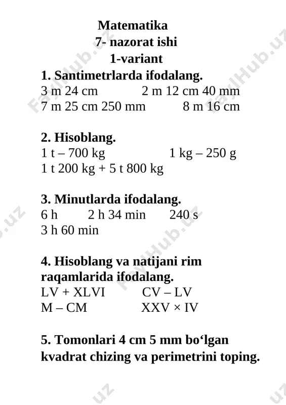 7- nazorat ishi matematika 3 sinf — DOCX