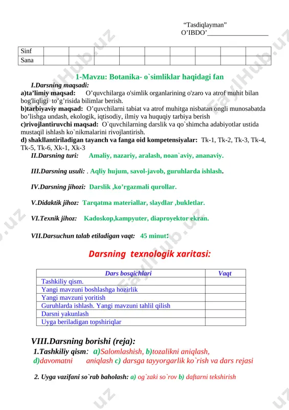 6-sinf botanika konspekt o`zgargani — DOC