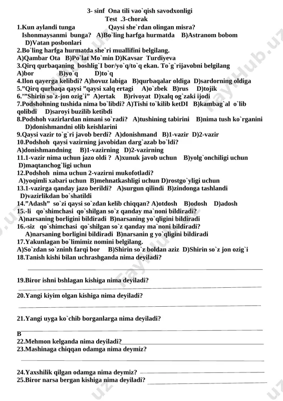 3-s.bilimlarini sinovchi test topshirig`i.3-chorak — DOCX