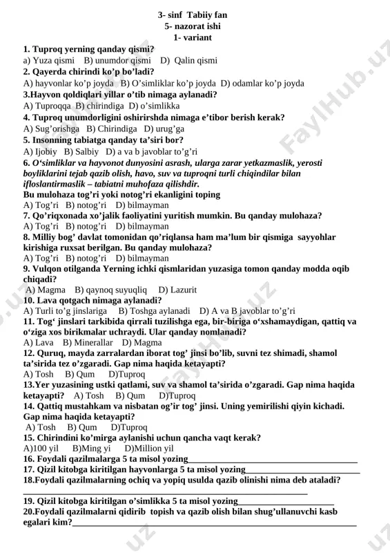3- tabiiy fan 5 nazorat ishi 7 bob — DOCX