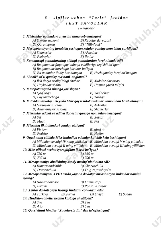 tarix 6-sinf test — DOCX