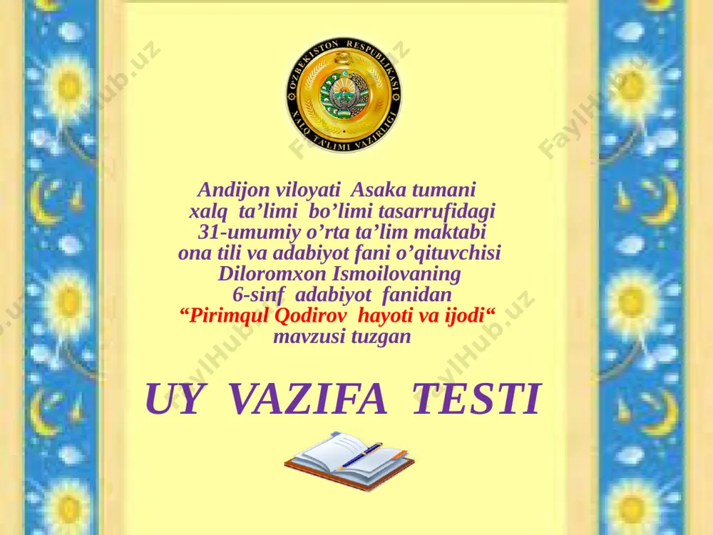 pirimqul qodirov hayoti va ijodi uy vazifasi testi — PPTX