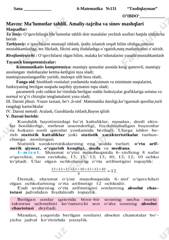 6-sinf 4-chorak matematika konspekt 2020 — DOCX