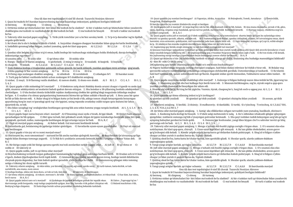 3-chorak 6-sinf testlar — DOCX