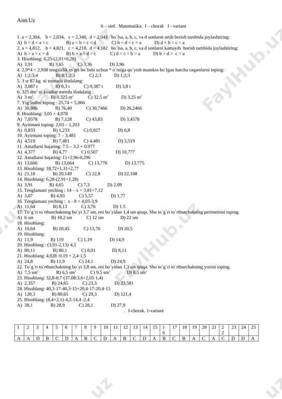 matematika test 6-sinf 1-4 ch — DOCX