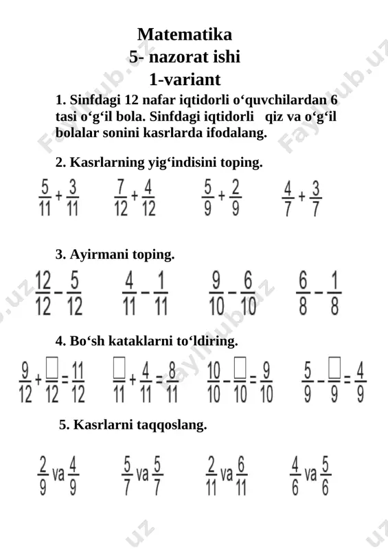 5- nazorat ishi matematika 3 sinf — DOCX