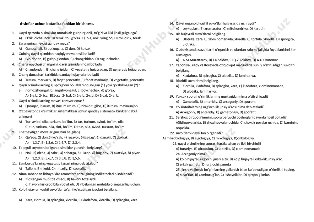 6-sinflar uchun kirish testi — DOCX
