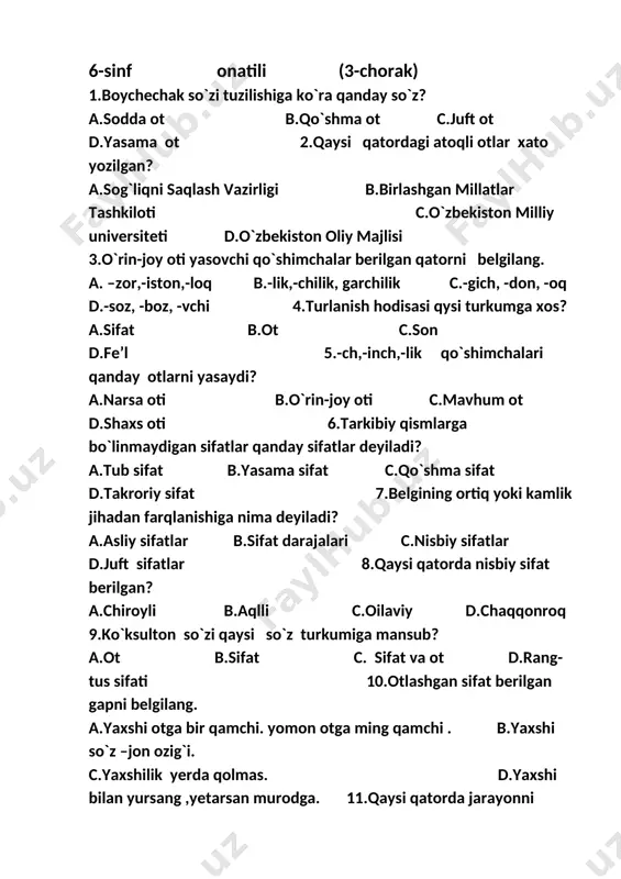6 ona tili 3 chorak test.ona tili millat ruhi — DOCX