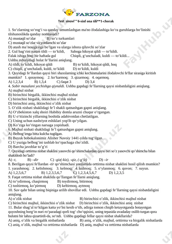 6-sinf ona tili test-1-chorak — DOCX